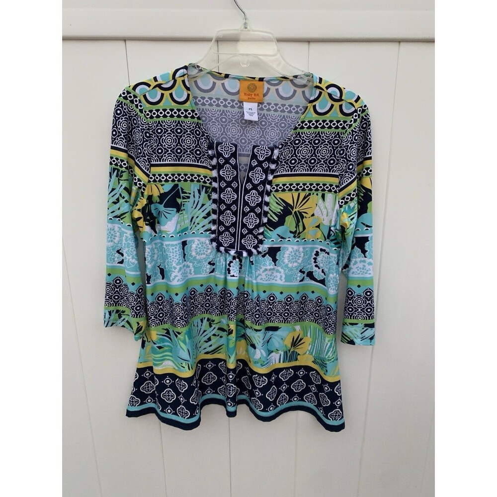 Ruby Rd Women’s Size Petite Small PS Colorful Shirt Top Tropical 3/4 Sleeve